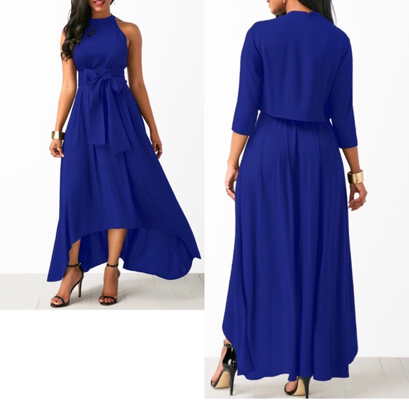 Royal Blue Asymmetric Hem Dress and Cardigan - Picture 3 of 5